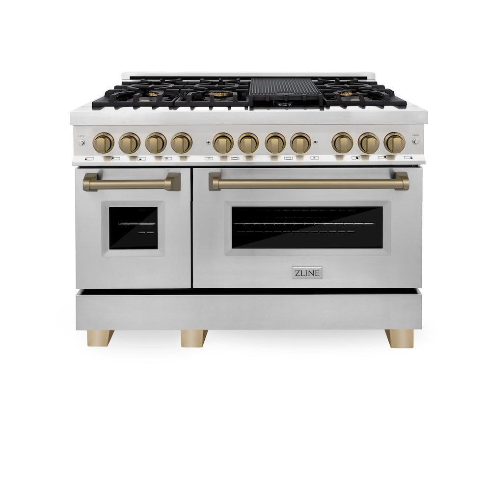 ZLINE Autograph Edition 48 in. 6.0 cu. ft. Dual Fuel Range with Gas Stove and Electric Oven in Stainless Steel with Champagne Bronze Accents (RAZ-48-CB) front, oven closed.