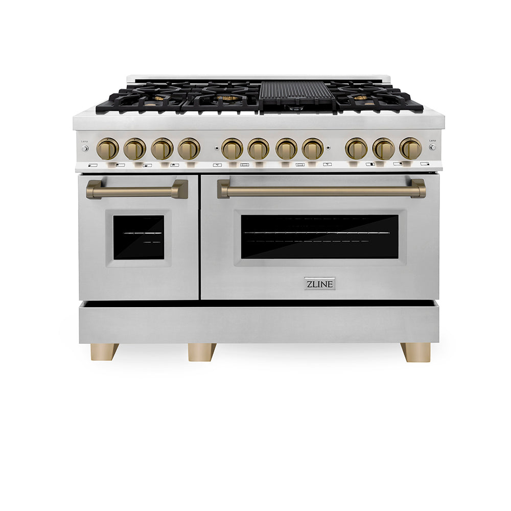 ZLINE Autograph Edition 48 in. 6.0 cu. ft. Legacy Dual Fuel Range with 7 Burner Gas Cooktop and 2 Electric Ovens in Stainless Steel and Champagne Bronze Accents, Open Box-Good Condition