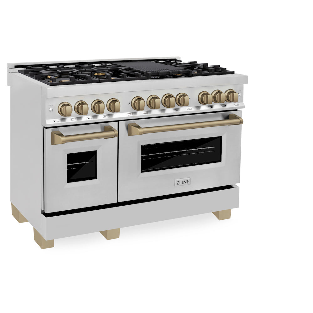 ZLINE Autograph Edition 48 in. 6.0 cu. ft. Dual Fuel Range with Gas Stove and Electric Oven in Stainless Steel with Champagne Bronze Accents (RAZ-48-CB) side, oven closed.
