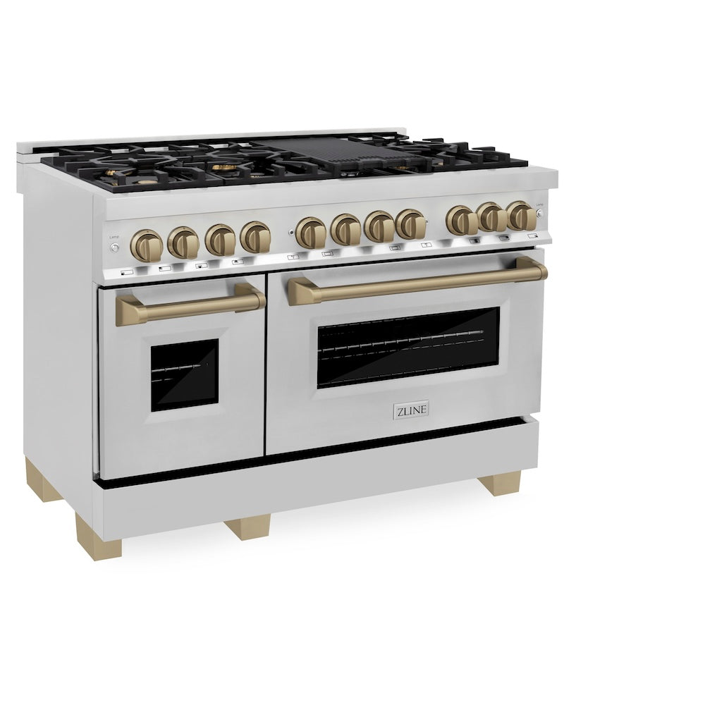 ZLINE Autograph Edition 48 in. 6.0 cu. ft. Legacy Dual Fuel Range with 7 Burner Gas Cooktop and 2 Electric Ovens in Stainless Steel and Champagne Bronze Accents (RAZ-48-CB)