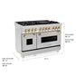 ZLINE Autograph Edition 48 in. 6.0 cu. ft. Legacy Dual Fuel Range with 7 Burner Gas Cooktop and 2 Electric Ovens in Stainless Steel and Polished Gold Accents (RAZ-48-G) dimensional diagram.