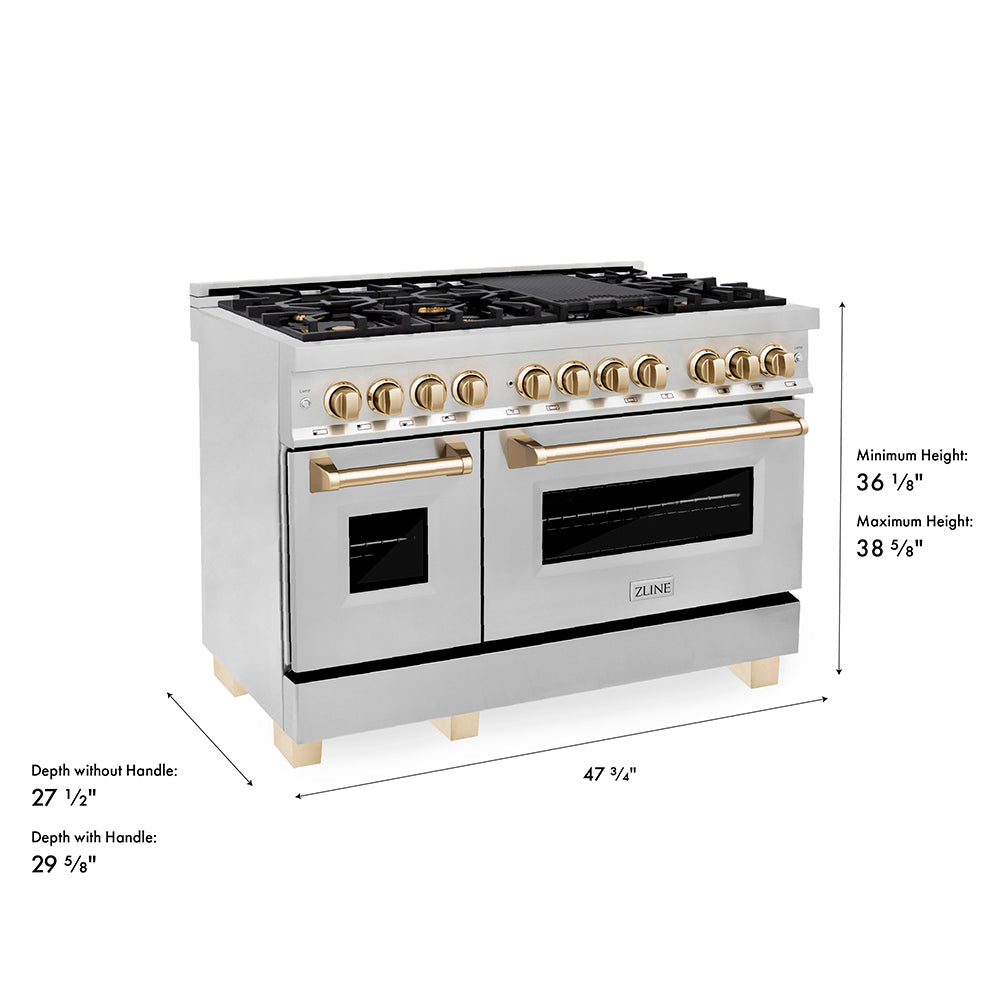 ZLINE Autograph Edition 48 in. 6.0 cu. ft. Legacy Dual Fuel Range with 7 Burner Gas Cooktop and 2 Electric Ovens in Stainless Steel and Polished Gold Accents (RAZ-48-G) dimensional diagram.