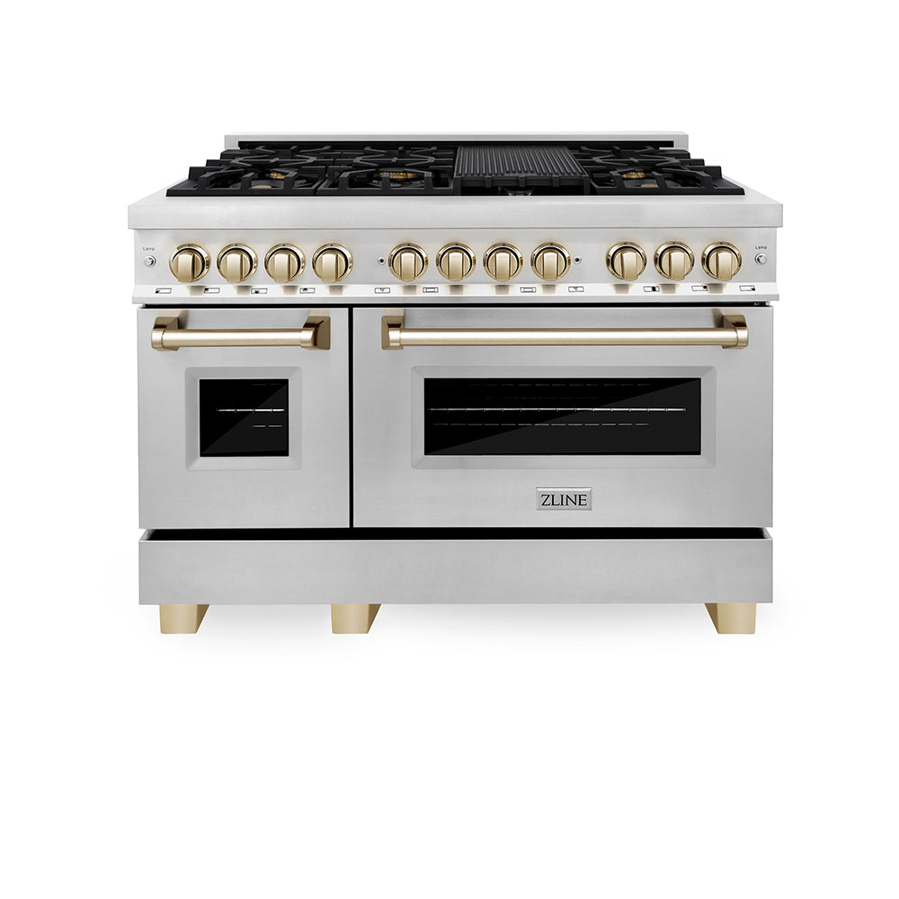 ZLINE Autograph Edition 48 in. 6.0 cu. ft. Legacy Dual Fuel Range with 7 Burner Gas Cooktop and 2 Electric Ovens in Stainless Steel and Polished Gold Accents, Open Box-Good Condition