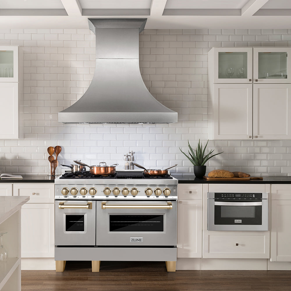 ZLINE Autograph Edition 48 in. 6.0 cu. ft. Legacy Dual Fuel Range with 7 Burner Gas Cooktop and 2 Electric Ovens in Stainless Steel and Polished Gold Accents, Open Box-Good Condition