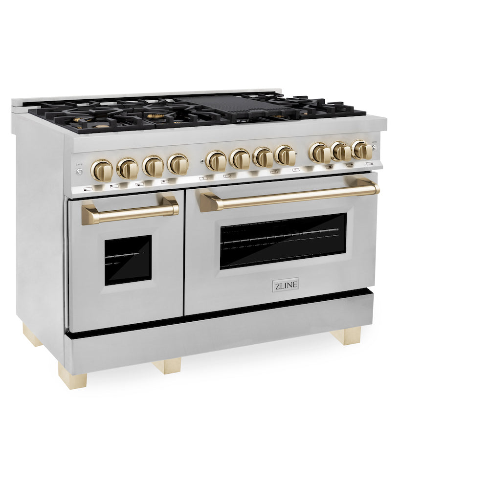 ZLINE Autograph Edition 48" Dual Fuel Range in Stainless Steel with Polished Gold Accents side.