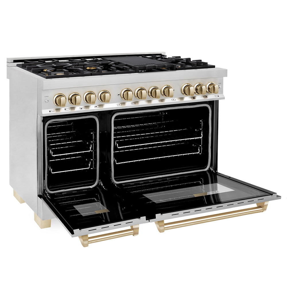 ZLINE Autograph Edition 48 in. 6.0 cu. ft. Legacy Dual Fuel Range with 7 Burner Gas Cooktop and 2 Electric Ovens in Stainless Steel and Polished Gold Accents, Open Box-Good Condition