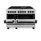 ZLINE Autograph Edition 48 in. 6.0 cu. ft. Legacy Dual Fuel Range with 7 Burner Gas Cooktop and 2 Electric Ovens in Stainless Steel and Matte Black Accents (RAZ-48-MB) front, oven half open.