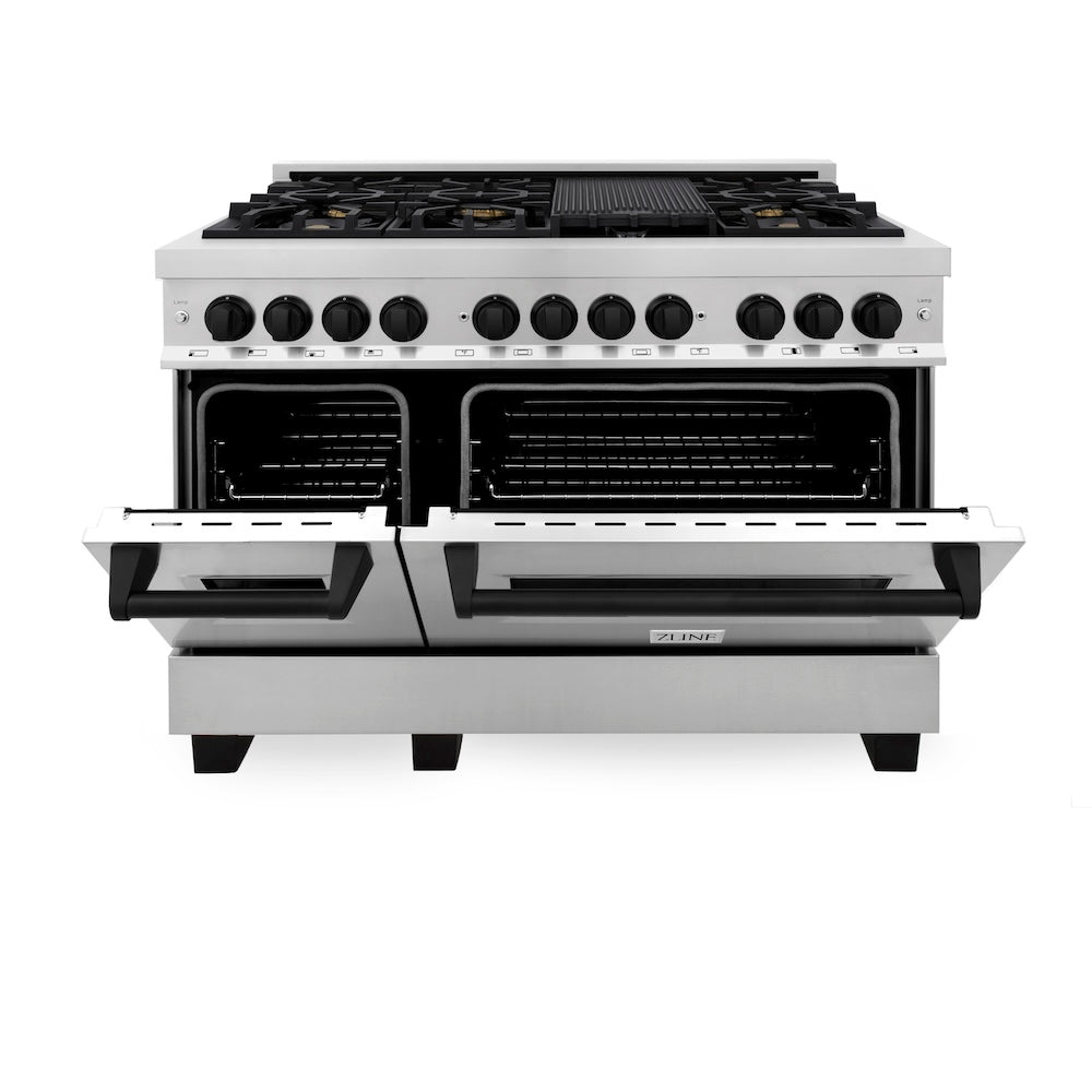 ZLINE Autograph Edition 48 in. 6.0 cu. ft. Legacy Dual Fuel Range with 7 Burner Gas Cooktop and 2 Electric Ovens in Stainless Steel and Matte Black Accents, Open Box-Good Condition