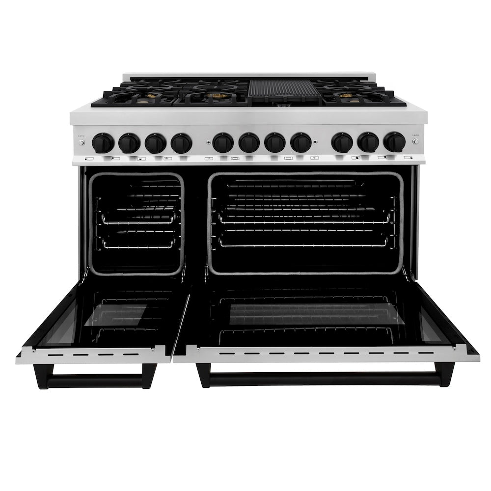 ZLINE Autograph Edition 48 in. Kitchen Package with Stainless Steel Dual Fuel Range, Range Hood, Dishwasher and Refrigeration with Matte Black Accents (4AKPR-RARHDWM48-MB)