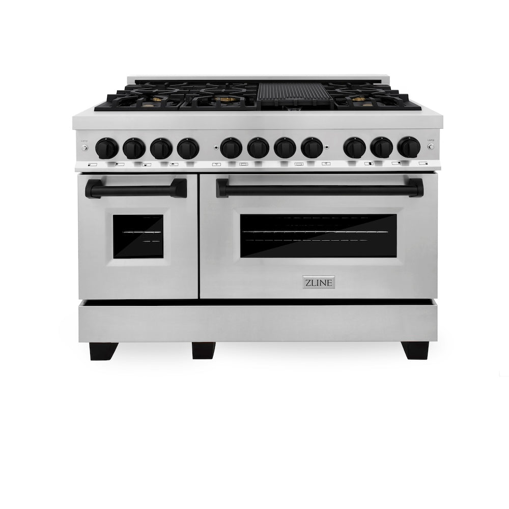 ZLINE Autograph Edition 48 in. Kitchen Package with Stainless Steel Dual Fuel Range, Range Hood, Dishwasher and Refrigeration with Matte Black Accents (4AKPR-RARHDWM48-MB)
