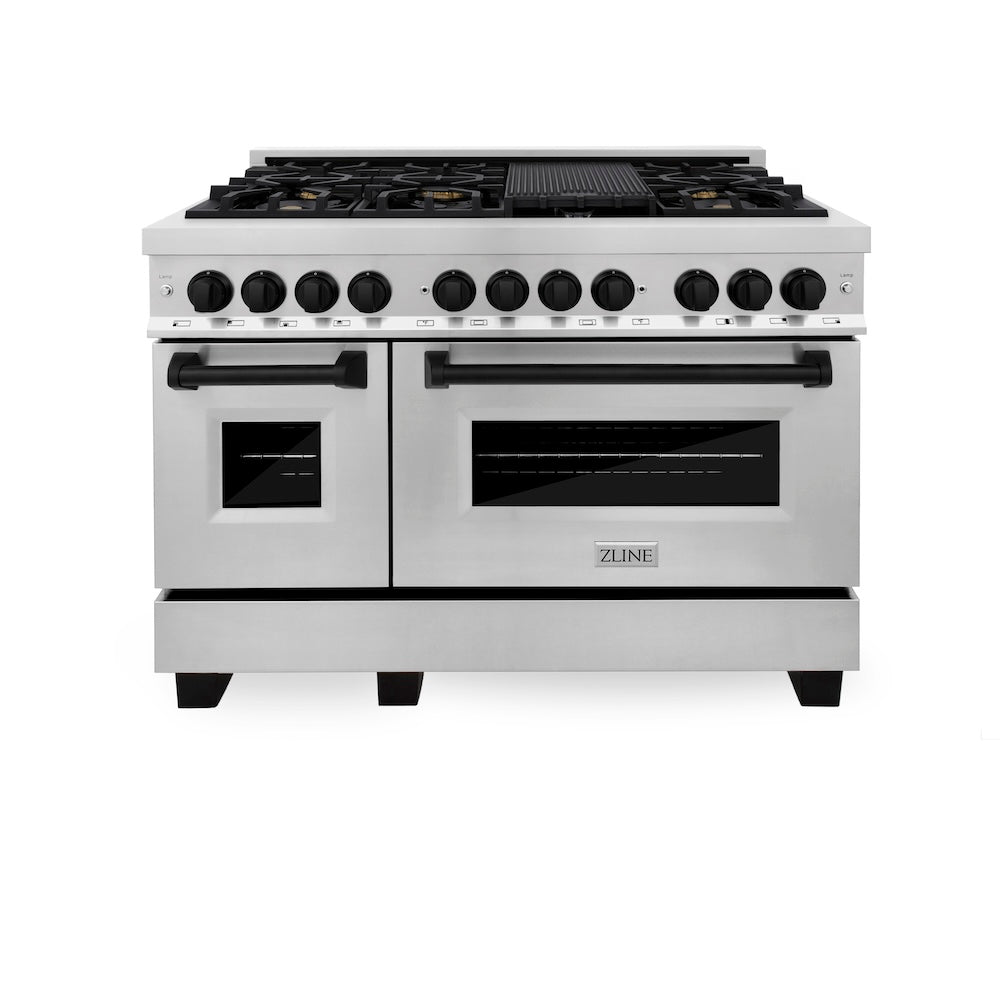 ZLINE Autograph Edition 48 in. 6.0 cu. ft. Legacy Dual Fuel Range with 7 Burner Gas Cooktop and 2 Electric Ovens in Stainless Steel and Matte Black Accents, Open Box-Good Condition