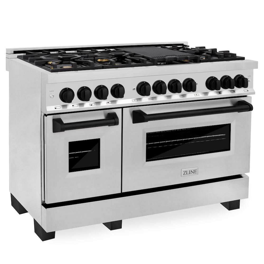ZLINE Autograph Edition 48 in. 6.0 cu. ft. Legacy Dual Fuel Range with 7 Burner Gas Cooktop and 2 Electric Ovens in Stainless Steel and Matte Black Accents (RAZ-48-MB)