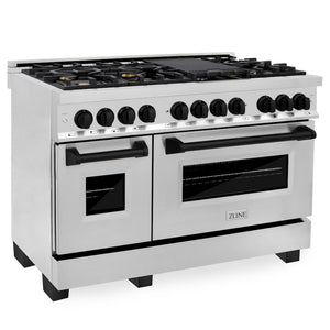ZLINE Autograph Edition 48 in. 6.0 cu. ft. Legacy Dual Fuel Range with 7 Burner Gas Cooktop and 2 Electric Ovens in Stainless Steel and Matte Black Accents (RAZ-48-MB) main image.