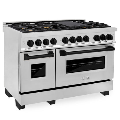 ZLINE Autograph Edition 48 in. 6.0 cu. ft. Legacy Dual Fuel Range with 7 Burner Gas Cooktop and 2 Electric Ovens in Stainless Steel and Matte Black Accents (RAZ-48-MB)