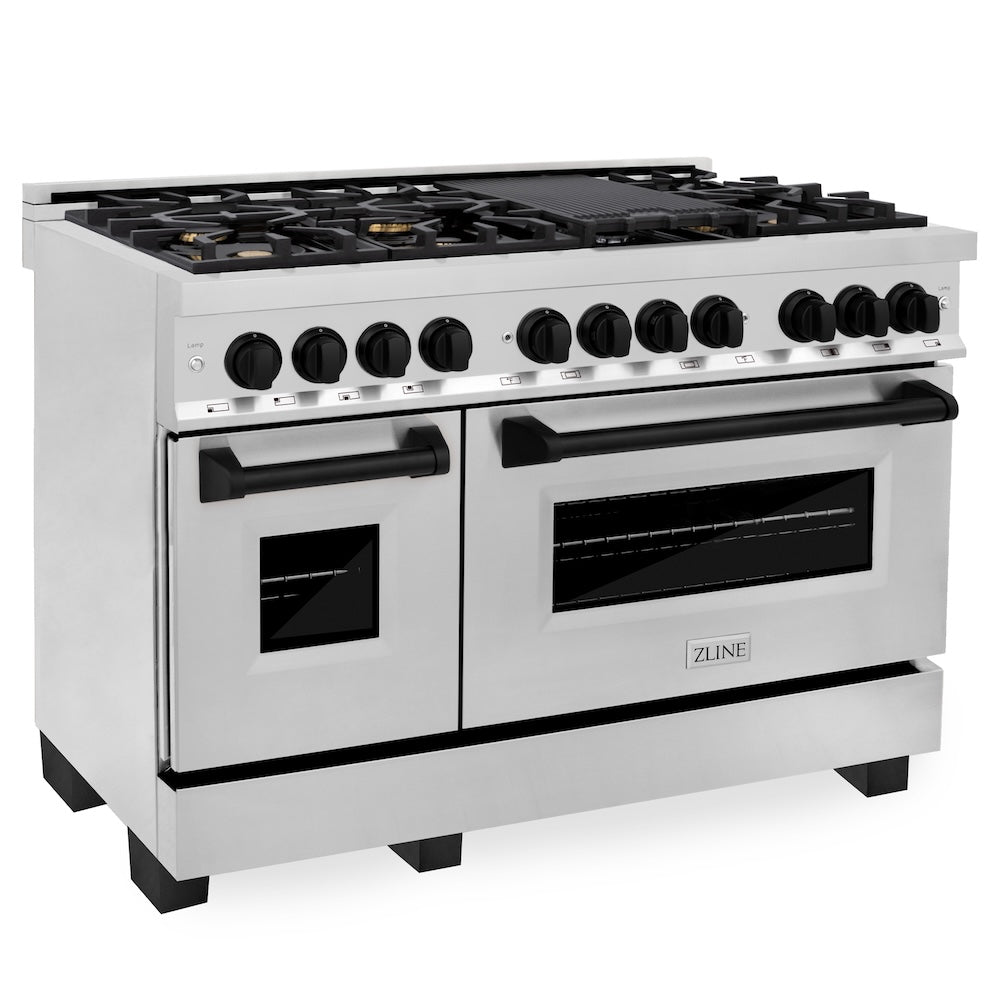 ZLINE Autograph Edition 48 in. 6.0 cu. ft. Legacy Dual Fuel Range with 7 Burner Gas Cooktop and 2 Electric Ovens in Stainless Steel and Matte Black Accents, Open Box-Good Condition