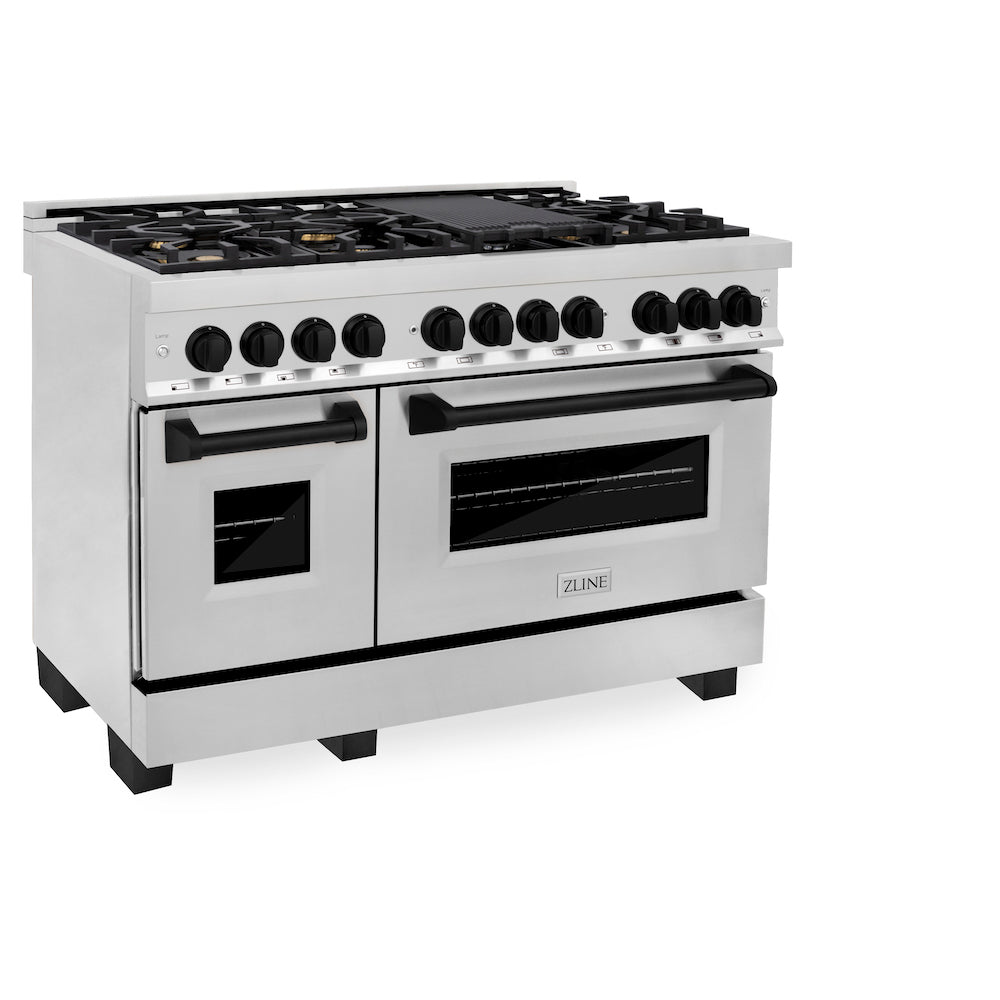 ZLINE Autograph Edition 48 in. 6.0 cu. ft. Legacy Dual Fuel Range with 7 Burner Gas Cooktop and 2 Electric Ovens in Stainless Steel and Matte Black Accents (RAZ-48-MB) side, oven closed.