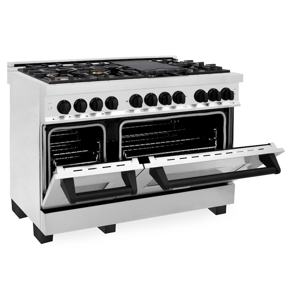 ZLINE Autograph Edition 48 in. 6.0 cu. ft. Legacy Dual Fuel Range with 7 Burner Gas Cooktop and 2 Electric Ovens in Stainless Steel and Matte Black Accents (RAZ-48-MB) side, oven half open.