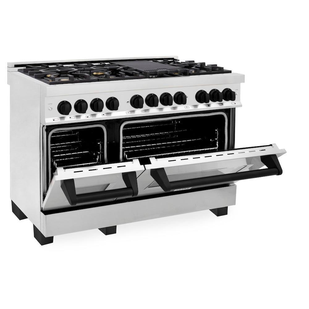 ZLINE Autograph Edition 48 in. 6.0 cu. ft. Legacy Dual Fuel Range with 7 Burner Gas Cooktop and 2 Electric Ovens in Stainless Steel and Matte Black Accents, Open Box-Good Condition