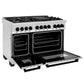 ZLINE Autograph Edition 48 in. 6.0 cu. ft. Legacy Dual Fuel Range with 7 Burner Gas Cooktop and 2 Electric Ovens in Stainless Steel and Matte Black Accents (RAZ-48-MB) side, oven open.