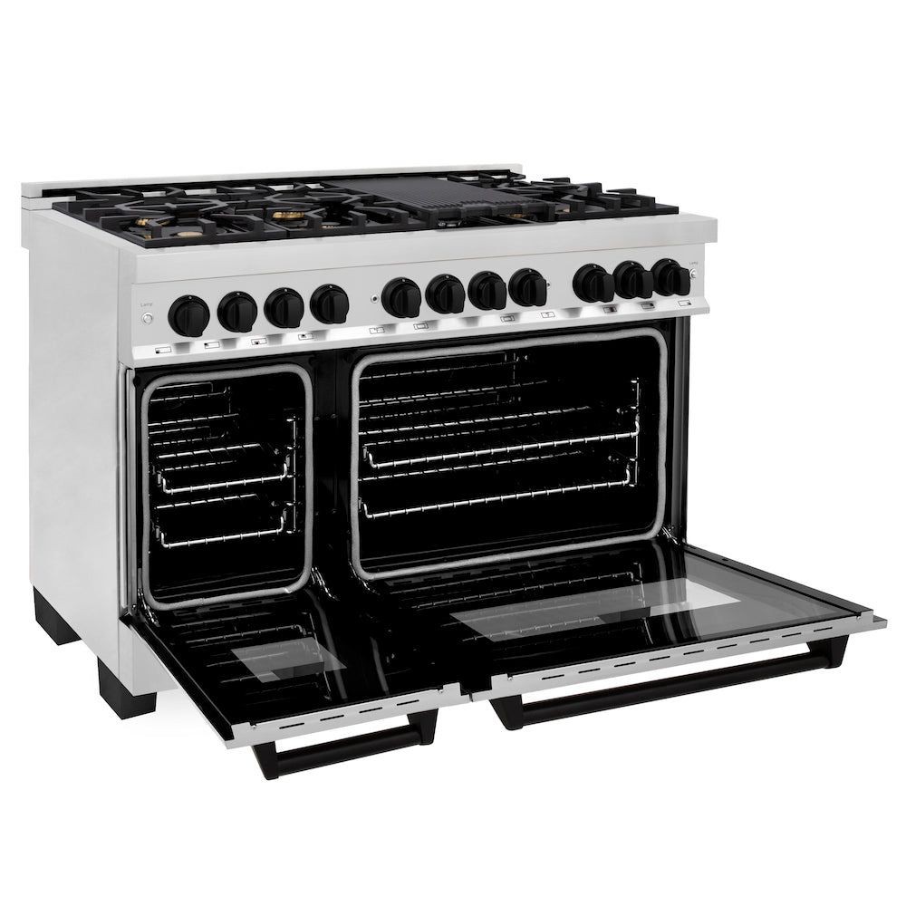 ZLINE Autograph Edition 48 in. 6.0 cu. ft. Legacy Dual Fuel Range with 7 Burner Gas Cooktop and 2 Electric Ovens in Stainless Steel and Matte Black Accents (RAZ-48-MB) side, oven open.