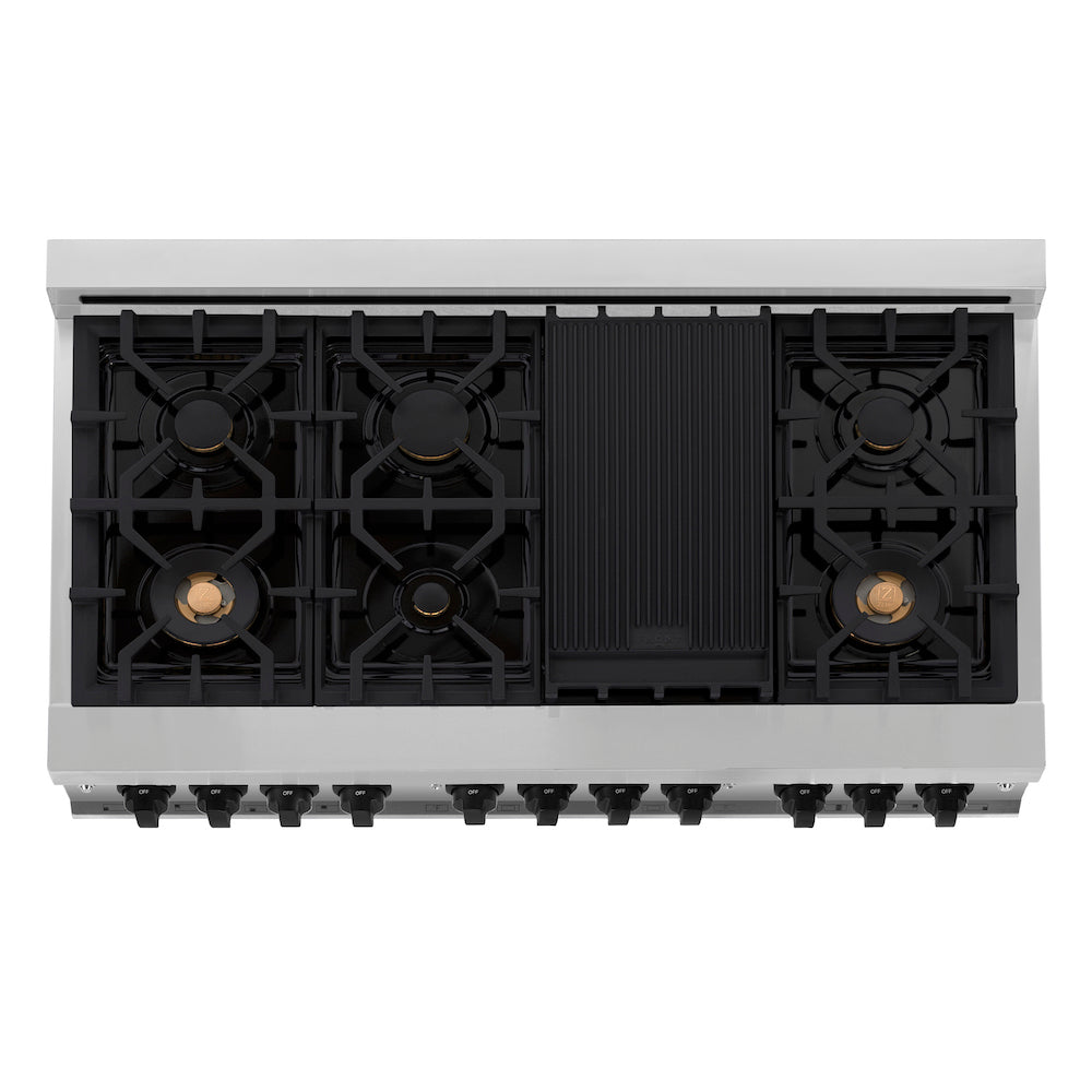 ZLINE Autograph Edition 48" Dual Fuel Range top down showing 7-burner gas cooktop and griddle with brass burners.