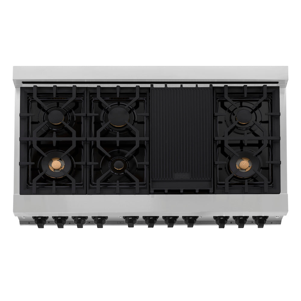 ZLINE Autograph Edition 48 in. 6.0 cu. ft. Legacy Dual Fuel Range with 7 Burner Gas Cooktop and 2 Electric Ovens in Stainless Steel and Matte Black Accents (RAZ-48-MB) top-down, above cooktop.