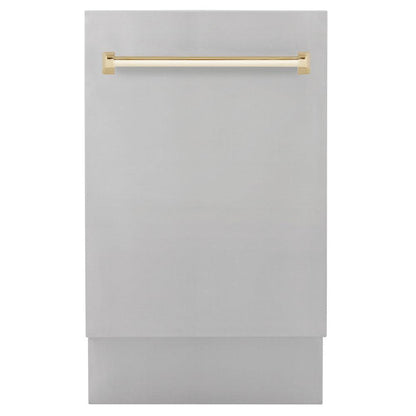ZLINE Autograph Edition 18 in. Tallac Series 3rd Rack Top Control Built-In Dishwasher in Stainless Steel with Polished Gold Handle, 51dBa (DWVZ-304-18-G)