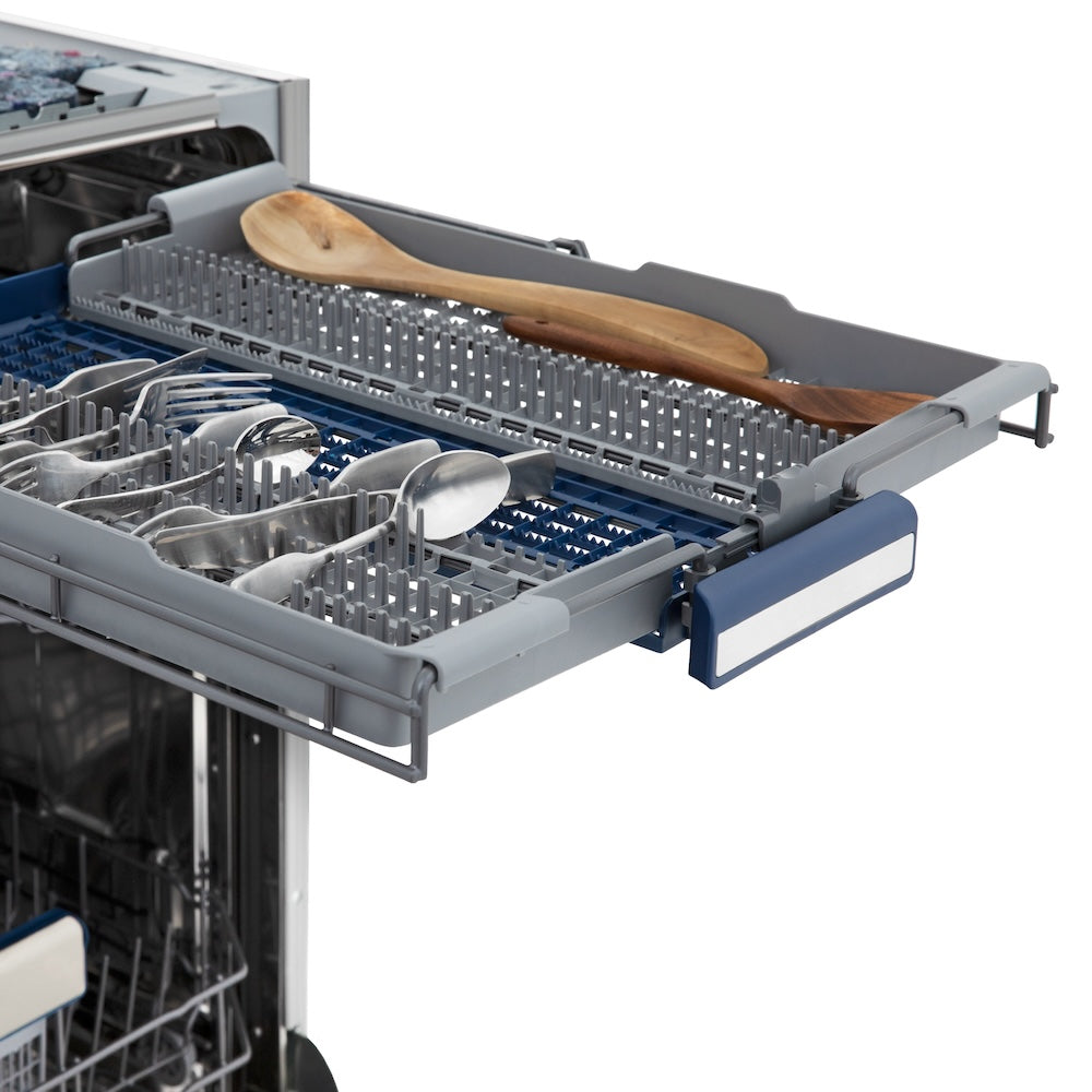 ZLINE Autograph Edition 24 in. Tallac Series 3rd Rack Top Control Built-In Tall Tub Dishwasher in Stainless Steel with Champagne Bronze Handle, 51dBa (DWVZ-304-24-CB) close-up, utensil rack extended with utensils.