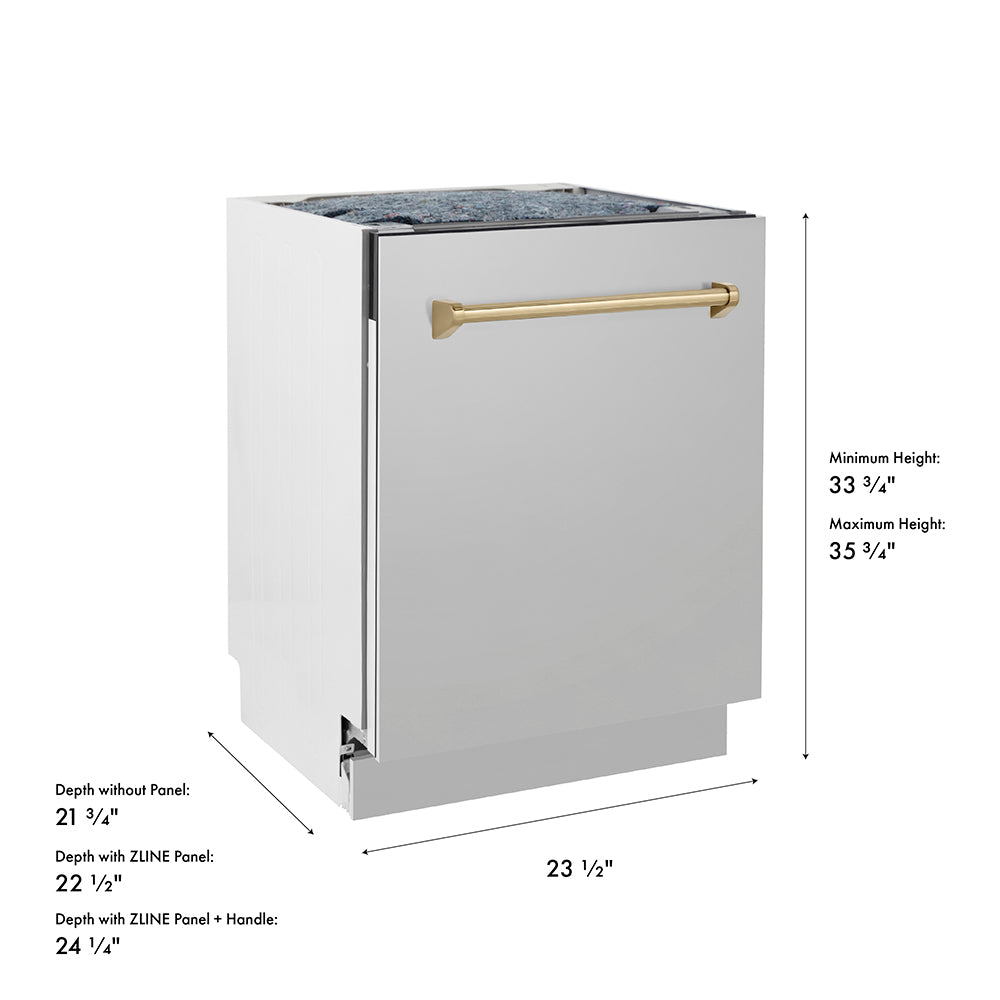 ZLINE Autograph Edition 24 in. Tallac Series 3rd Rack Top Control Built-In Tall Tub Dishwasher in Stainless Steel with Champagne Bronze Handle, 51dBa (DWVZ-304-24-CB) dimensional diagram.