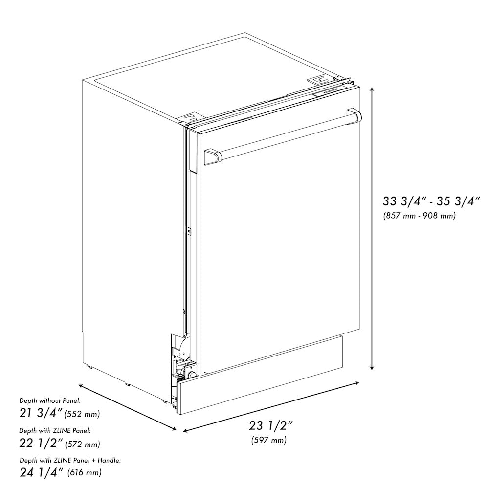 ZLINE Autograph Edition 24 in. Tallac Series 3rd Rack Top Control Built-In Tall Tub Dishwasher in Stainless Steel with Champagne Bronze Handle, 51dBa (DWVZ-304-24-CB) dimensional diagram.