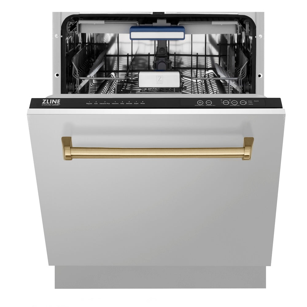 ZLINE Autograph Edition 24 in. Tallac Series 3rd Rack Top Control Built-In Tall Tub Dishwasher in Stainless Steel with Champagne Bronze Handle, 51dBa (DWVZ-304-24-CB)