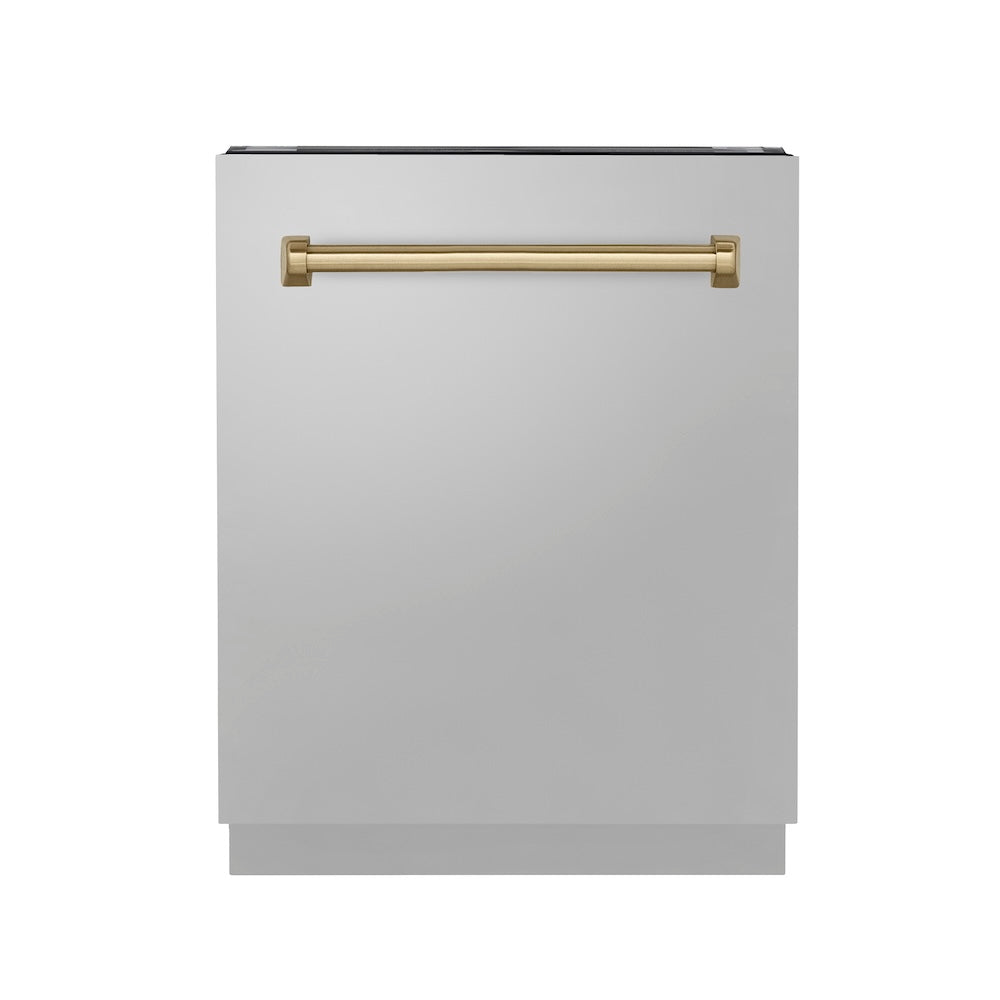 ZLINE Autograph Edition 24 in. Tallac Series 3rd Rack Top Control Built-In Tall Tub Dishwasher in Stainless Steel with Champagne Bronze Handle, 51dBa (DWVZ-304-24-CB)