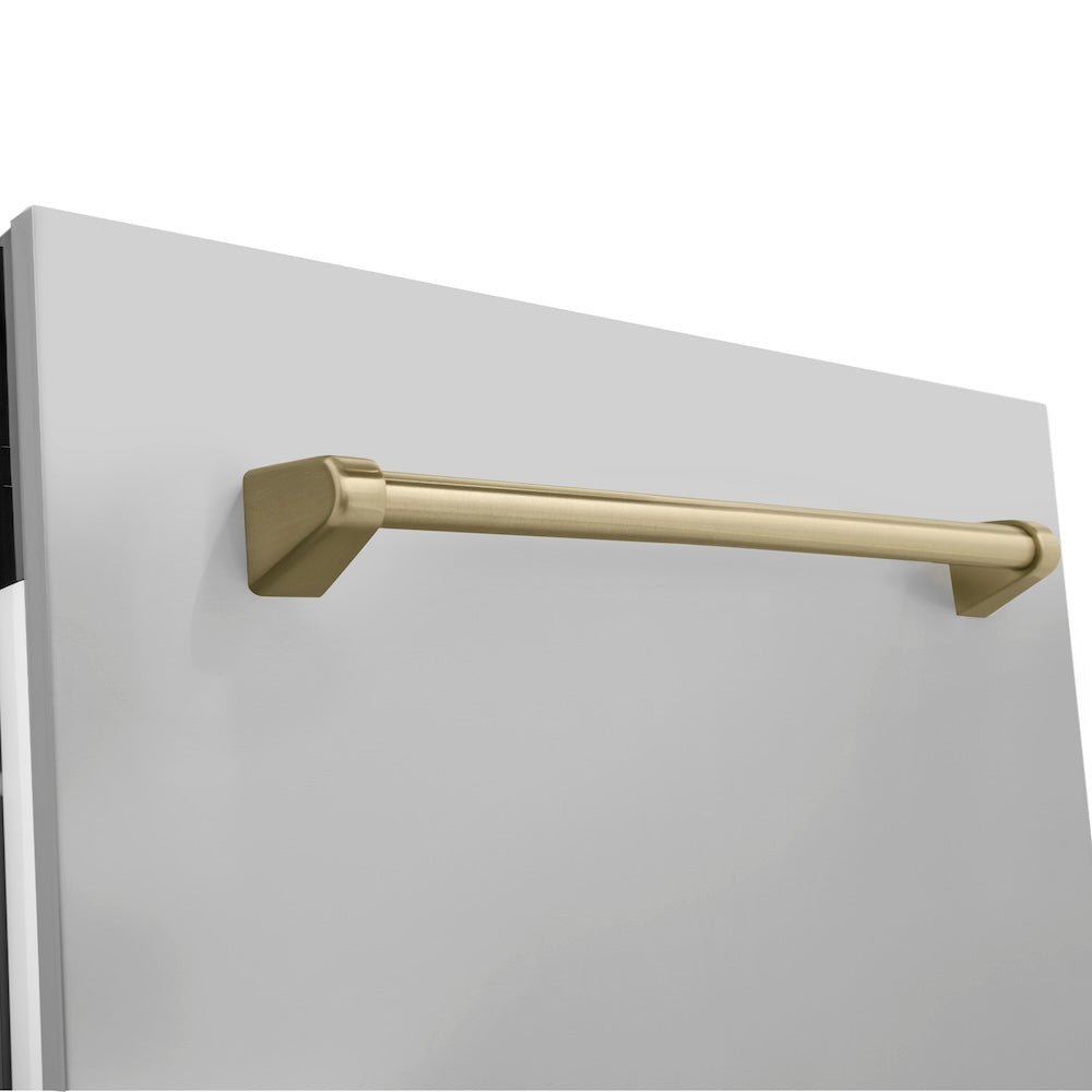 ZLINE Autograph Edition 24 in. Tallac Series 3rd Rack Top Control Built-In Tall Tub Dishwasher in Stainless Steel with Champagne Bronze Handle, 51dBa (DWVZ-304-24-CB) close-up, handle on dishwasher panel exterior.