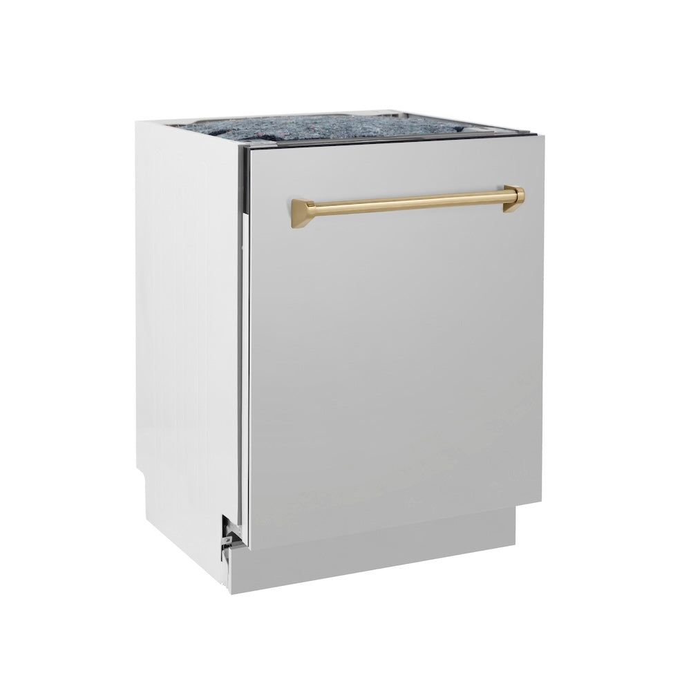 ZLINE Autograph Edition 24 in. Tallac Series 3rd Rack Top Control Built-In Tall Tub Dishwasher in Stainless Steel with Champagne Bronze Handle, 51dBa (DWVZ-304-24-CB)