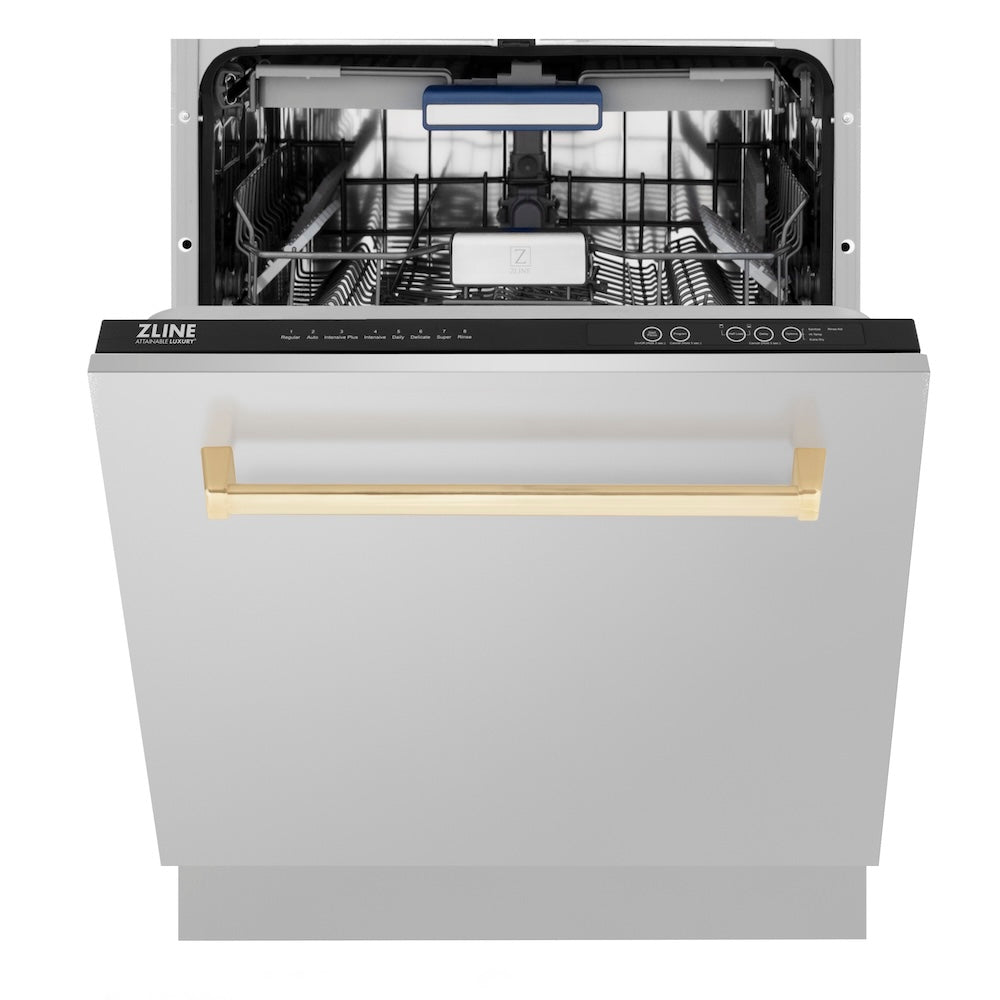 ZLINE Autograph Edition 24 in. Tallac Series 3rd Rack Top Control Built-In Tall Tub Dishwasher in Stainless Steel with Polished Gold Handle, 51dBa (DWVZ-304-24-G)