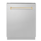 ZLINE Autograph Edition 24 in. Tallac Series 3rd Rack Top Control Built-In Tall Tub Dishwasher in Stainless Steel with Polished Gold Handle, 51dBa (DWVZ-304-24-G)