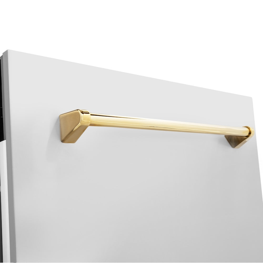 ZLINE Autograph Edition 24 in. Tallac Series 3rd Rack Top Control Built-In Tall Tub Dishwasher in Stainless Steel with Polished Gold Handle, 51dBa (DWVZ-304-24-G) close-up, handle on dishwasher panel exterior.