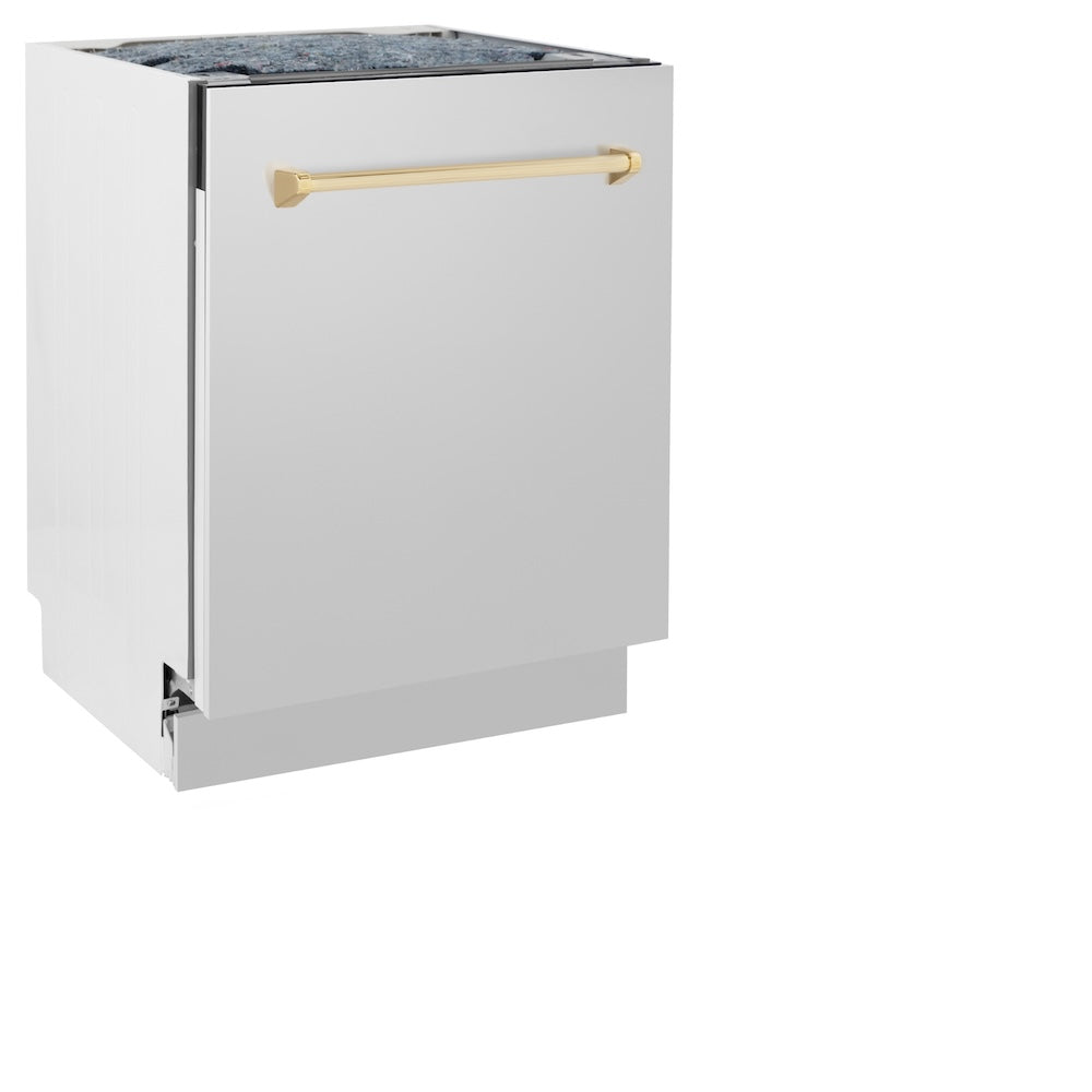 ZLINE Autograph Edition 24 in. Tallac Series 3rd Rack Top Control Built-In Tall Tub Dishwasher in Stainless Steel with Polished Gold Handle, 51dBa (DWVZ-304-24-G)