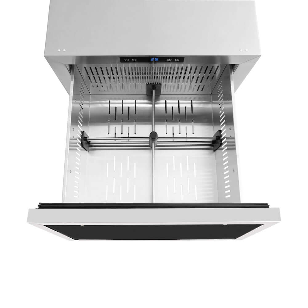 ZLINE Autograph Edition 24 in. Touchstone 168 Can Outdoor-Rated Dual Refrigerator Drawer with Panel-Ready Doors and Champagne Bronze Handles (RDSPOZ-24-CB) above drawer, with divider.