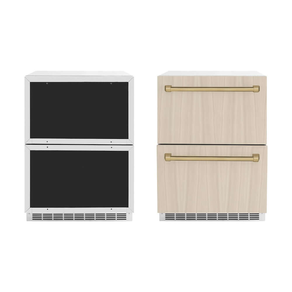 ZLINE Autograph Edition 24 in. Touchstone 168 Can Outdoor-Rated Dual Refrigerator Drawer with Panel-Ready Doors and Champagne Bronze Handles (RDSPOZ-24-CB)