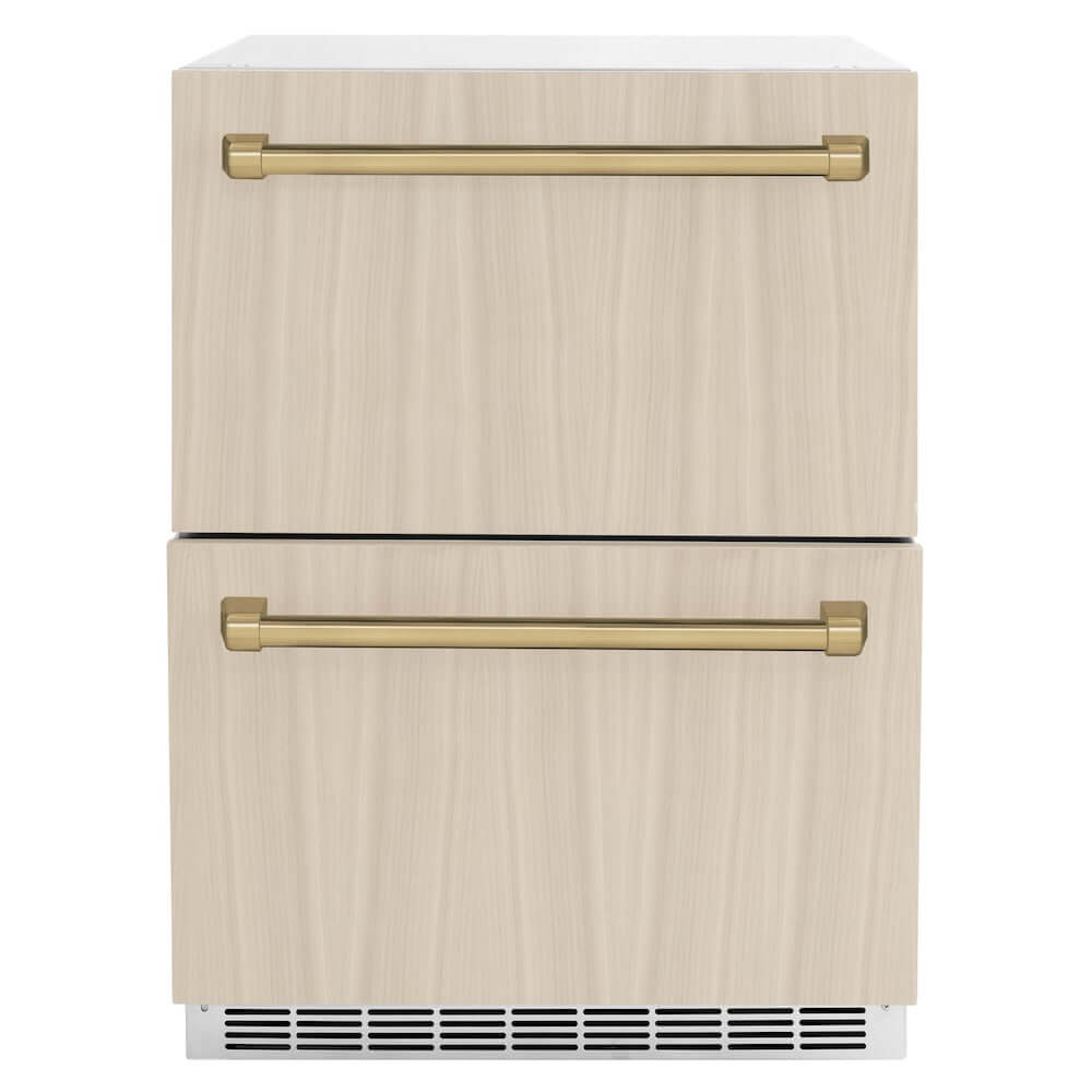 ZLINE Autograph Edition 24 in. Touchstone 168 Can Outdoor-Rated Dual Refrigerator Drawer with Panel-Ready Doors and Champagne Bronze Handles (RDSPOZ-24-CB)