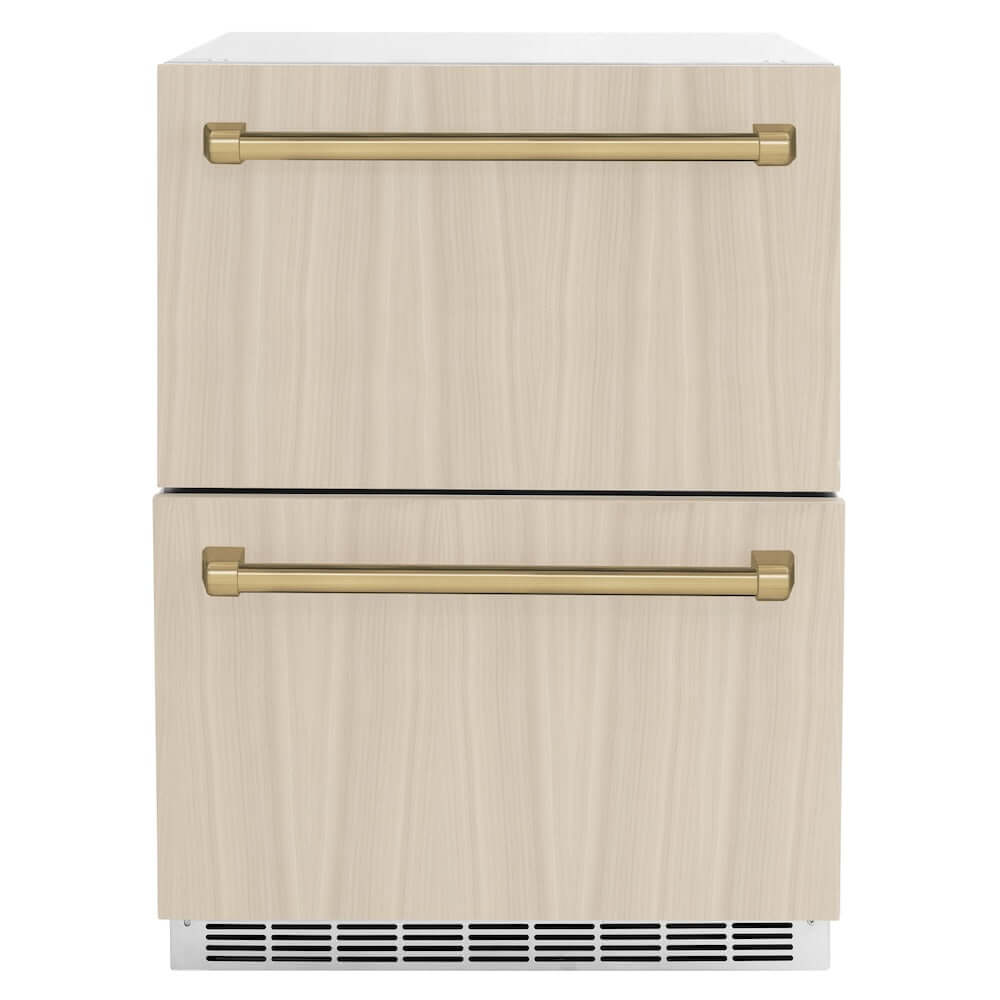 ZLINE Autograph Edition 24 in. Touchstone 168 Can Outdoor-Rated Dual Refrigerator Drawer with Panel-Ready Doors and Champagne Bronze Handles (RDSPOZ-24-CB) main image.