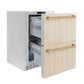ZLINE Autograph Edition 24 in. Touchstone 168 Can Outdoor-Rated Dual Refrigerator Drawer with Panel-Ready Doors and Champagne Bronze Handles (RDSPOZ-24-CB) side, open.
