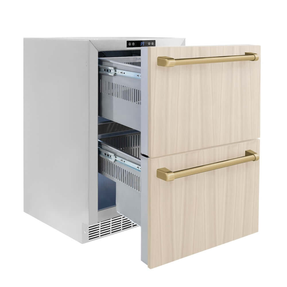 ZLINE Autograph Edition 24 in. Touchstone 168 Can Outdoor-Rated Dual Refrigerator Drawer with Panel-Ready Doors and Champagne Bronze Handles (RDSPOZ-24-CB) side, open.