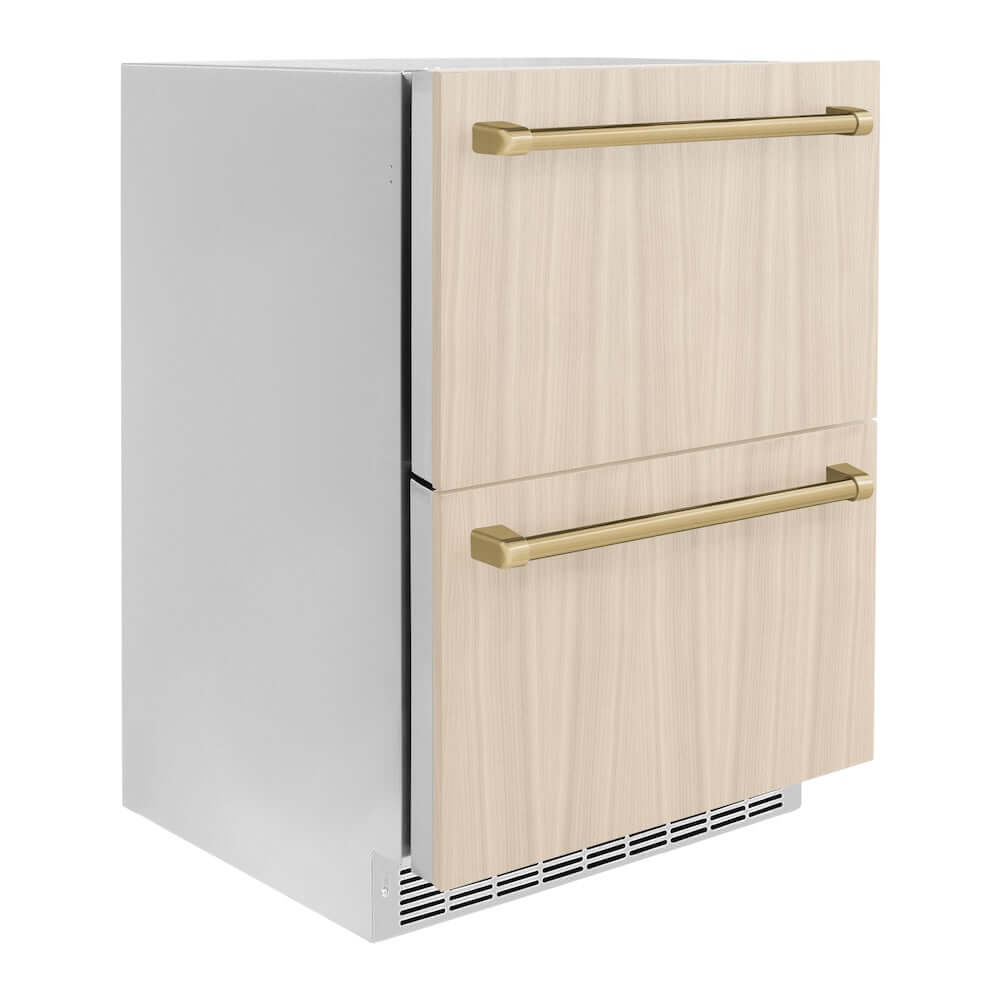 ZLINE Autograph Edition 24 in. Touchstone 168 Can Outdoor-Rated Dual Refrigerator Drawer with Panel-Ready Doors and Champagne Bronze Handles (RDSPOZ-24-CB) side, closed.