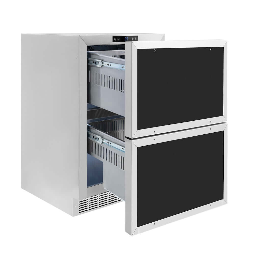 ZLINE Autograph Edition 24 in. Touchstone 168 Can Outdoor-Rated Dual Refrigerator Drawer with Panel-Ready Doors and Champagne Bronze Handles (RDSPOZ-24-CB) side, open.