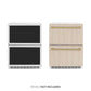 ZLINE Autograph Edition 24 in. Touchstone 168 Can Outdoor-Rated Dual Refrigerator Drawer with Panel-Ready Doors and Champagne Bronze Handles (RDSPOZ-24-CB) unit without panels next to unit with panels. Text: Panels not included.