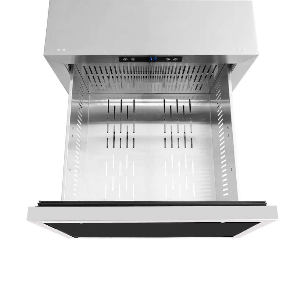 ZLINE Autograph Edition 24 in. Touchstone 168 Can Outdoor-Rated Dual Refrigerator Drawer with Panel-Ready Doors and Polished Gold Handles (RDSPOZ-24-G) above drawer, without divider.