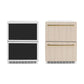 ZLINE Autograph Edition 24 in. Touchstone 168 Can Outdoor-Rated Dual Refrigerator Drawer with Panel-Ready Doors and Polished Gold Handles (RDSPOZ-24-G) unit without panels next to unit with panels.