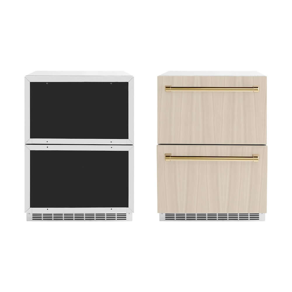 ZLINE Autograph Edition 24 in. Touchstone 168 Can Outdoor-Rated Dual Refrigerator Drawer with Panel-Ready Doors and Polished Gold Handles (RDSPOZ-24-G) unit without panels next to unit with panels.